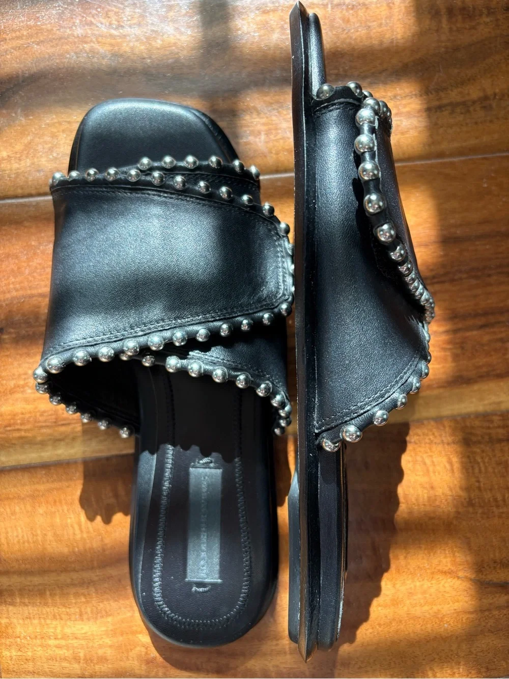 NWOB Alexander Wang Black Leather Silver Studded Slide Sandals Size EU36